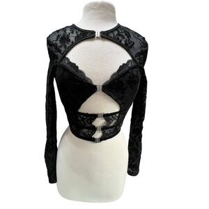 Black Mesh Lace Crop Top Cutout Cyber Goth Shrug Hook Eye XS Small Alt Vamp Rave